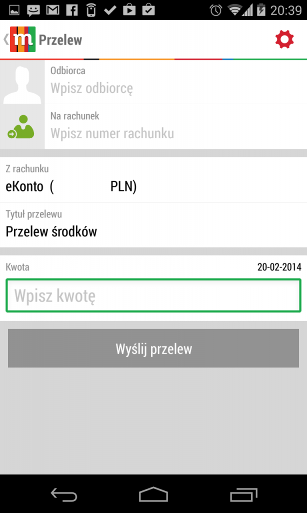 mBank Android karta przelewu